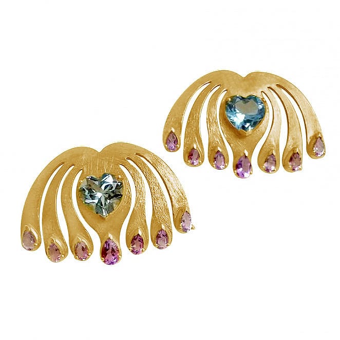 Twin Elegance Earrings Amethyst Heart Blue Topaz Peacock Paradise Earrings 18k sterling vermeil demi-fine jewelry