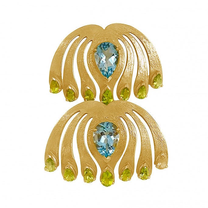 
            
                Load image into Gallery viewer, Twin Elegance Earrings Blue Topaz Peacock Paradise Earrings 18k sterling vermeil demi-fine jewelry
            
        