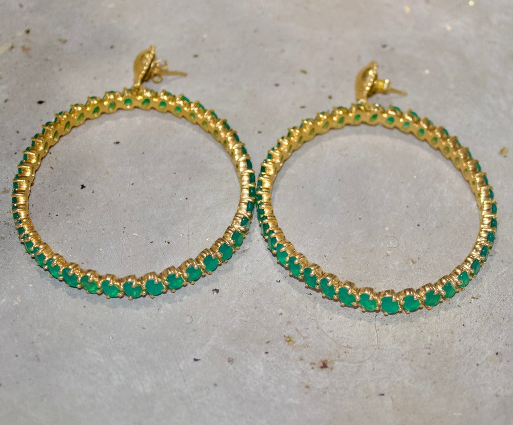 Twin Elegance Earrings Gold Tamra Green Onyx Hoop Earrings. 18k sterling vermeil demi-fine jewelry