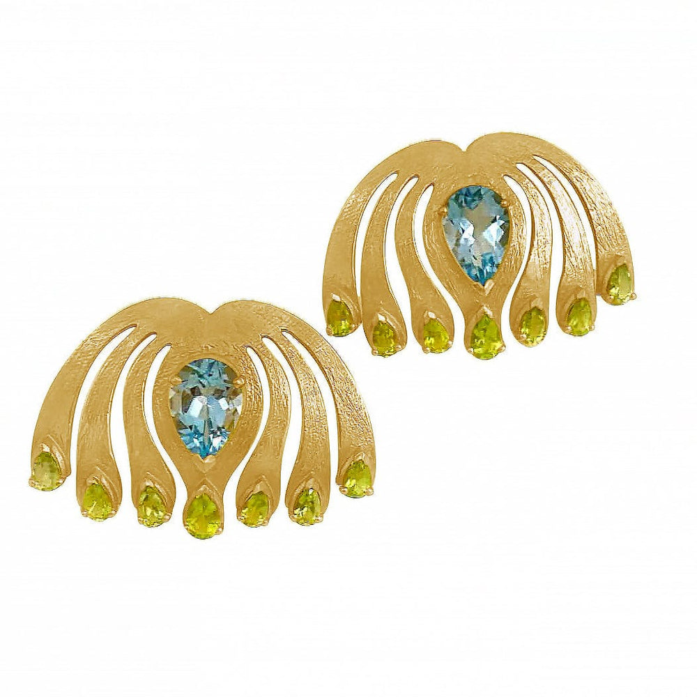 
            
                Load image into Gallery viewer, Twin Elegance Earrings Peridot Pear Blue Topaz Peacock Paradise Earrings 18k sterling vermeil demi-fine jewelry
            
        