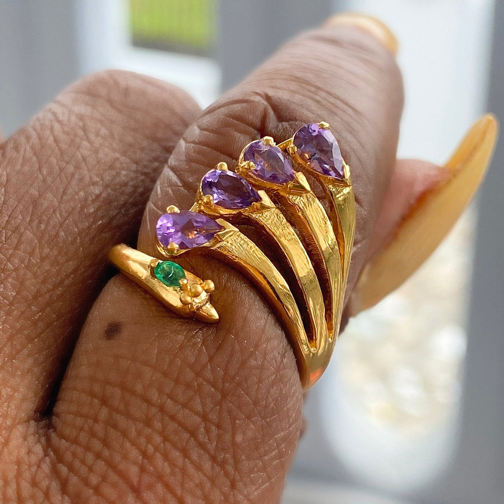 
            
                Load image into Gallery viewer, Twin Elegance Ring Amethyst Emerald Peacock Ring 18k sterling vermeil demi-fine jewelry
            
        