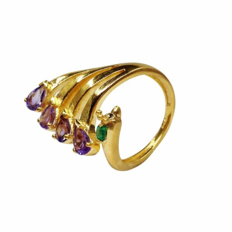 Twin Elegance Ring Gold Amethyst Emerald Peacock Ring 18k sterling vermeil demi-fine jewelry